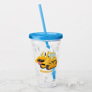 Cute funny yellow bulldozer cartoon character acrylic tumbler