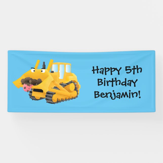 Cute funny yellow bulldozer cartoon character banner (Horizontal)