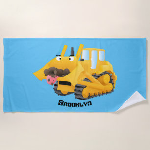Cute funny yellow bulldozer cartoon character beach towel
