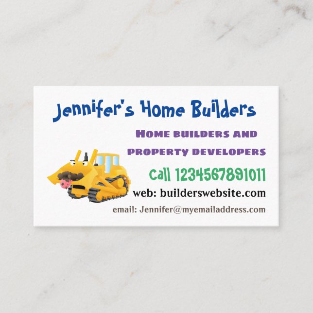 Cute funny yellow bulldozer cartoon character business card (Front)