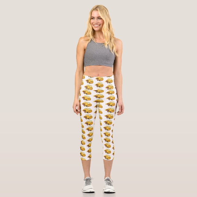 Cute funny yellow bulldozer cartoon character capri leggings (Front)