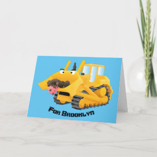 Cute funny yellow bulldozer cartoon character card