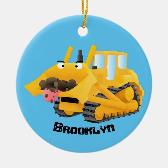 Cute funny yellow bulldozer cartoon character ceramic tree decoration (Front)