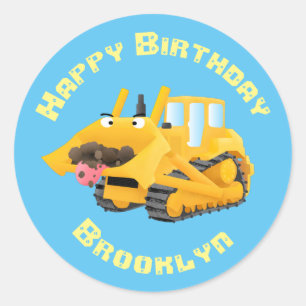 Cute funny yellow bulldozer cartoon character classic round sticker