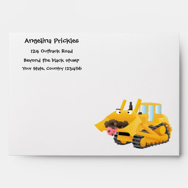 Cute funny yellow bulldozer cartoon character envelope (Front)