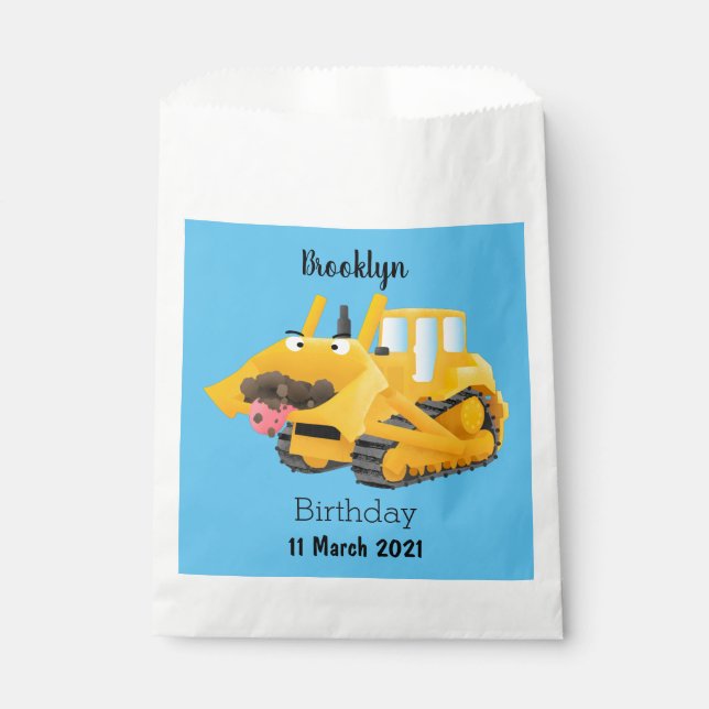 Cute funny yellow bulldozer cartoon character favour bags (Front)