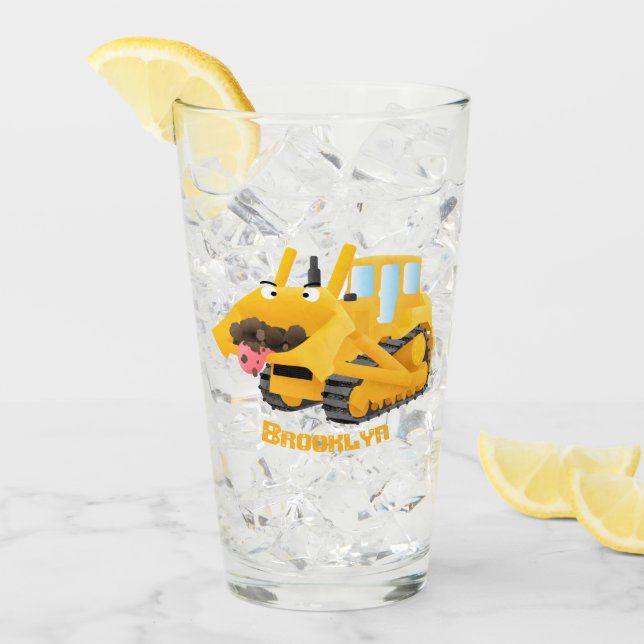 Cute funny yellow bulldozer cartoon character glass (Front Ice)
