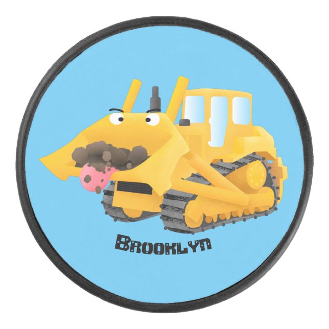 Cute funny yellow bulldozer cartoon character hockey puck (Front)
