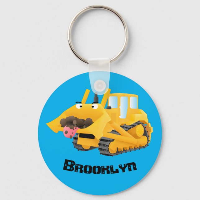 Cute funny yellow bulldozer cartoon character key ring (Front)