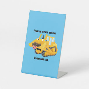 Cute funny yellow bulldozer cartoon character pedestal sign