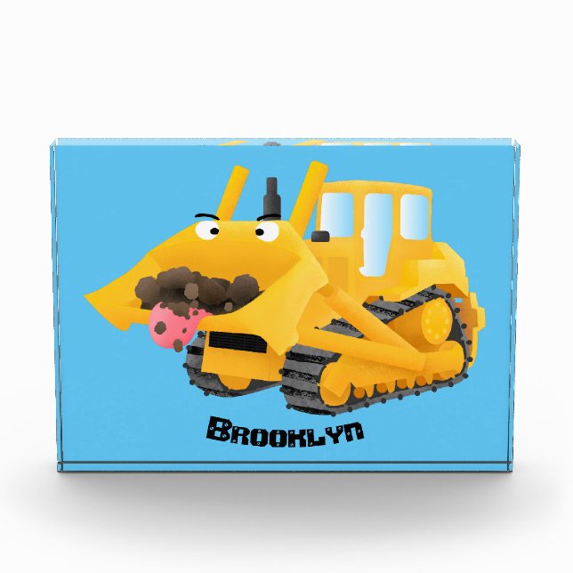 Cute funny yellow bulldozer cartoon character photo block (Front)