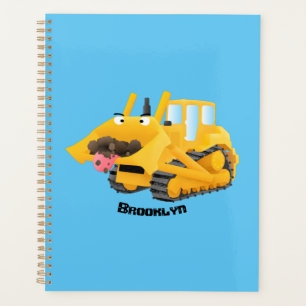 Cute funny yellow bulldozer cartoon character  planner