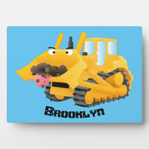 Cute funny yellow bulldozer cartoon character  plaque