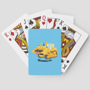 Cute funny yellow bulldozer cartoon character playing cards