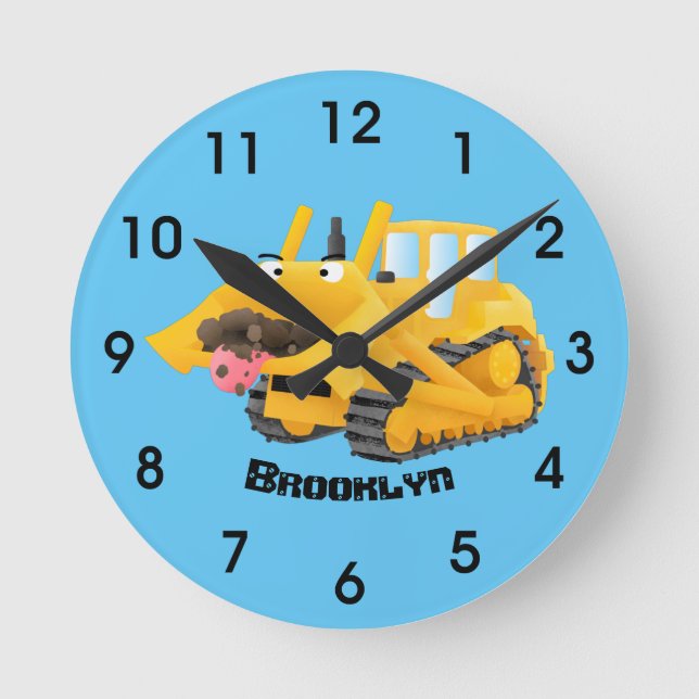 Cute funny yellow bulldozer cartoon character round clock (Front)