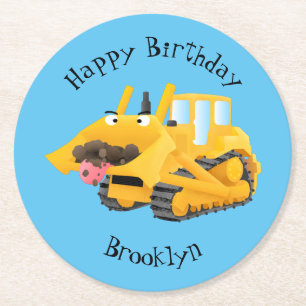 Cute funny yellow bulldozer cartoon character round paper coaster