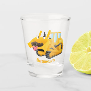 Cute funny yellow bulldozer cartoon character shot glass