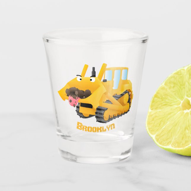 Cute funny yellow bulldozer cartoon character shot glass (Front)