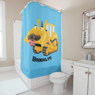 Cute funny yellow bulldozer cartoon character  shower curtain
