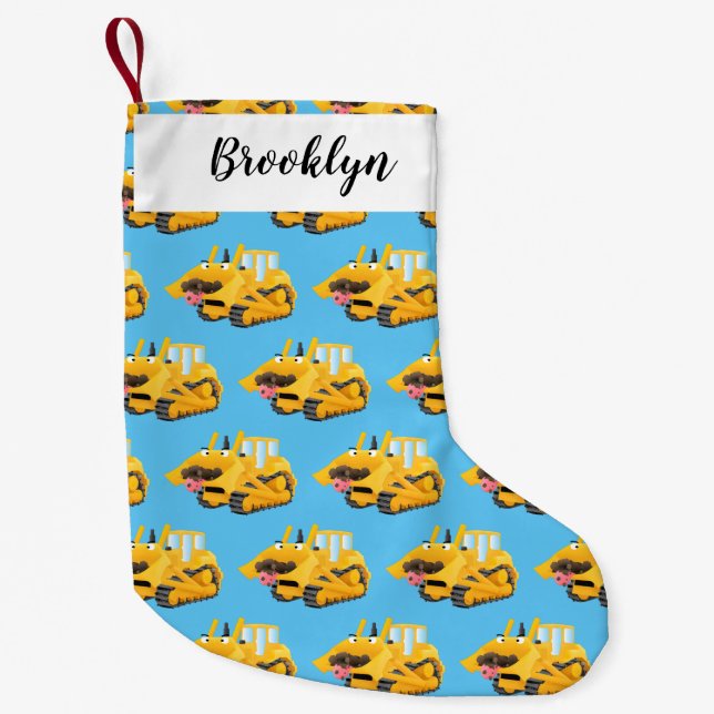 Cute funny yellow bulldozer cartoon character small christmas stocking (Front)