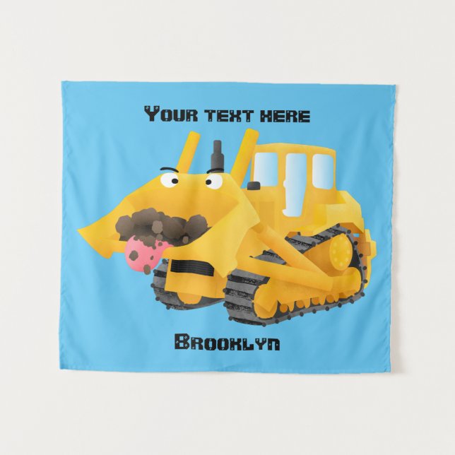 Cute funny yellow bulldozer cartoon character  tapestry (Front (Horizontal))
