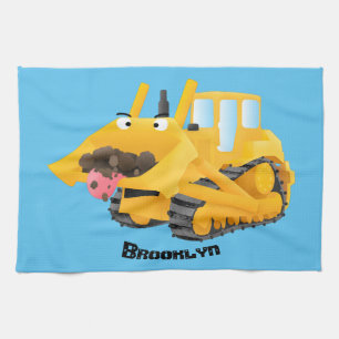 Cute funny yellow bulldozer cartoon character tea towel