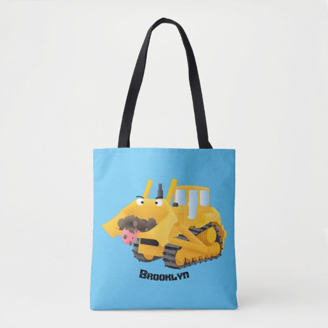 Cute funny yellow bulldozer cartoon character tote bag (Front)