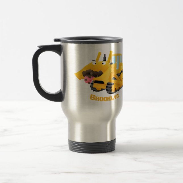Cute funny yellow bulldozer cartoon character travel mug (Left)