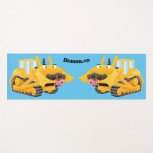 Cute funny yellow bulldozer cartoon character yoga mat