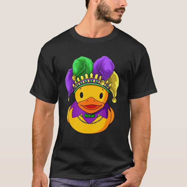 Cute Funny Yellow Duck Wearing Hat And Beads Mardi T-Shirt (Front)