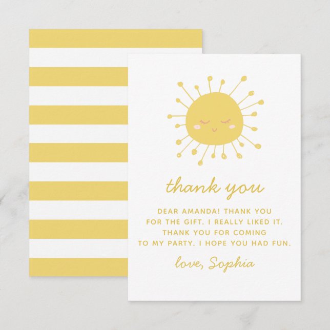 Cute funny yellow sun. Sunshine kids birthday Thank You Card (Front/Back)