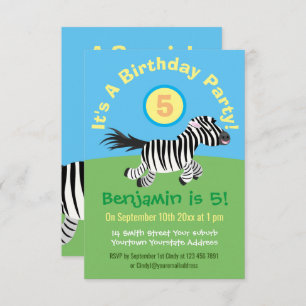Cute funny zebra running cartoon birthday invitation