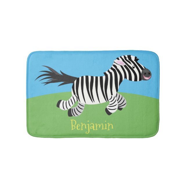 Cute funny zebra running cartoon illustration bath mat (Front)