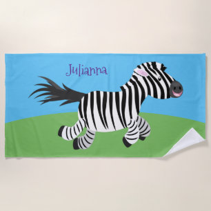 Cute funny zebra running cartoon illustration beach towel