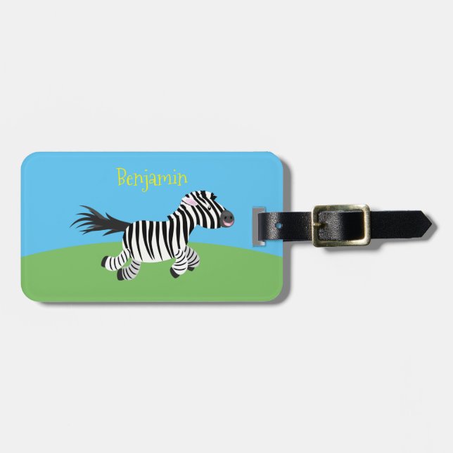 Cute funny zebra running cartoon illustration luggage tag (Front Horizontal)