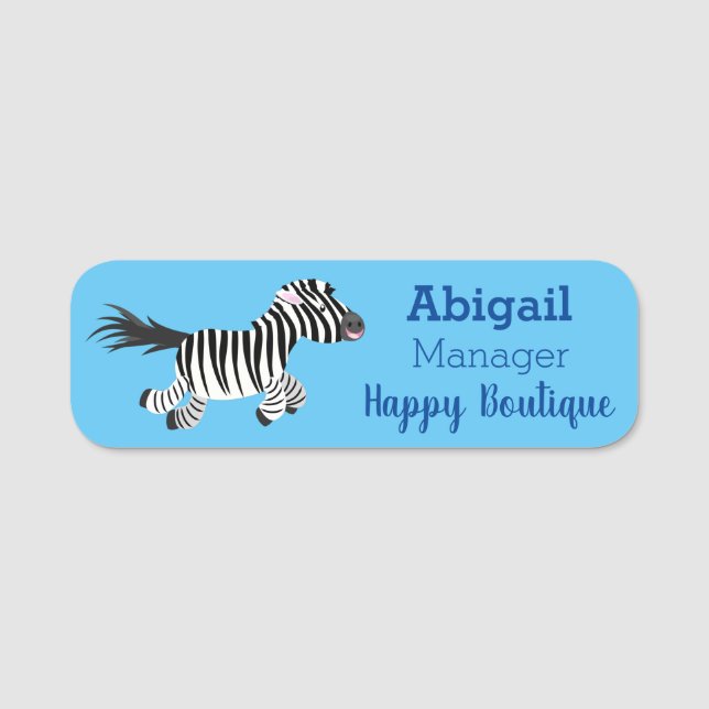 Cute funny zebra running cartoon illustration name tag (Front)