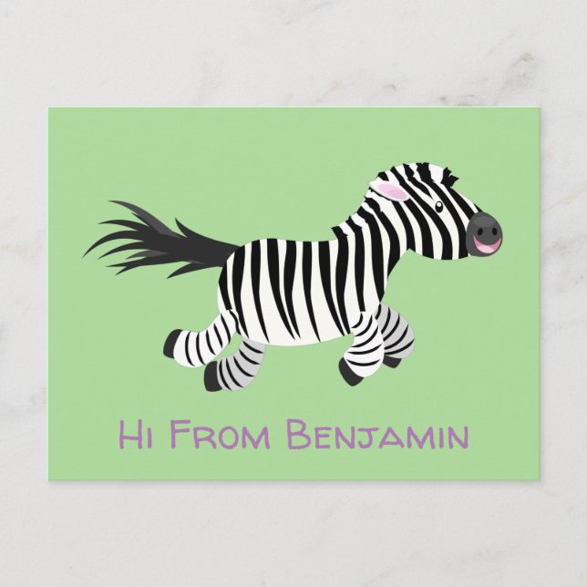 Cute funny zebra running cartoon illustration postcard (Front)
