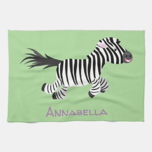 Cute funny zebra running cartoon illustration tea towel