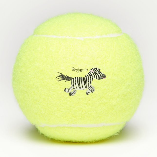 Cute funny zebra running cartoon illustration tennis balls (Front)
