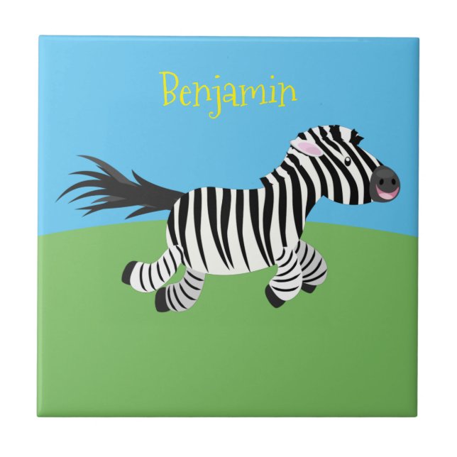 Cute funny zebra running cartoon illustration tile (Front)