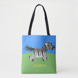 Cute funny zebra running cartoon illustration tote bag