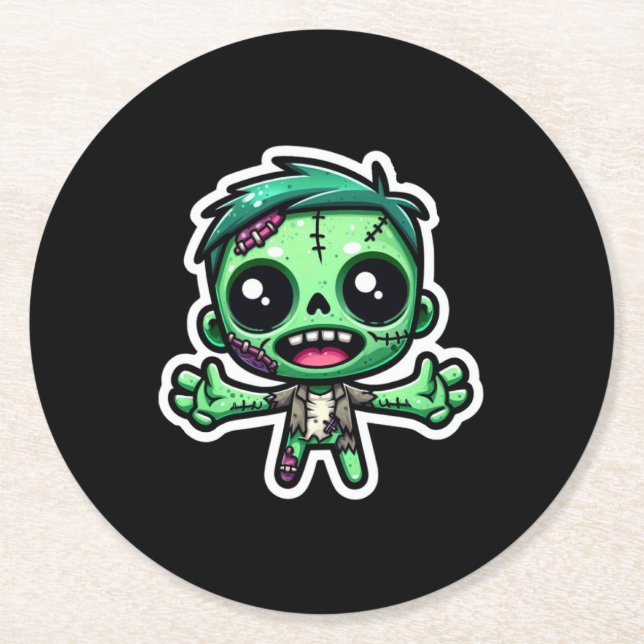 Cute, funny zombie round paper coaster (Front)