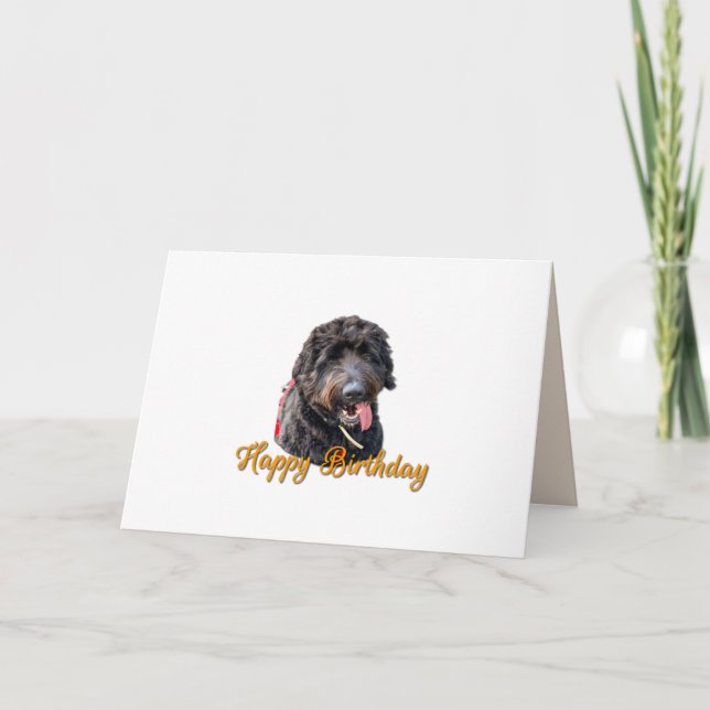 Cute Furry Black Goldendoodle Happy Birthday Card (Front)