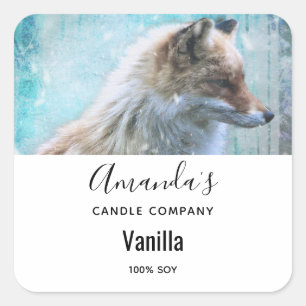 Cute Furry Fox on Blue Background Candle Business Square Sticker