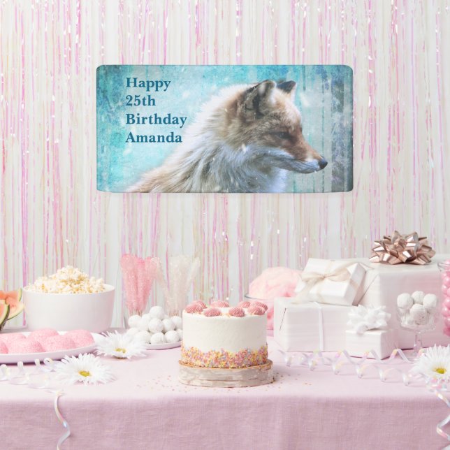 Cute Furry Fox on Blue Grunge Background Birthday Banner (Party)