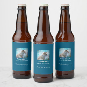 Cute Furry Fox on Blue Grunge Background Birthday Beer Bottle Label