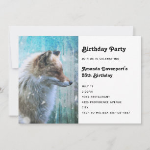 Cute Furry Fox on Blue Grunge Background Birthday Invitation