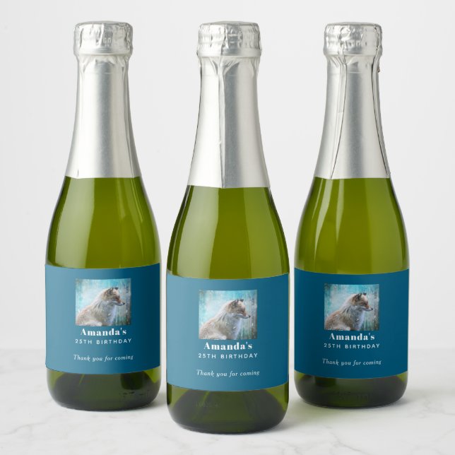 Cute Furry Fox on Blue Grunge Background Birthday Sparkling Wine Label (Bottles)