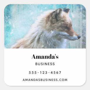 Cute Furry Fox on Blue Grunge Background Business Square Sticker