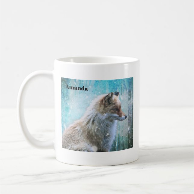 Cute Furry Fox on Blue Grunge Background Coffee Mug (Left)